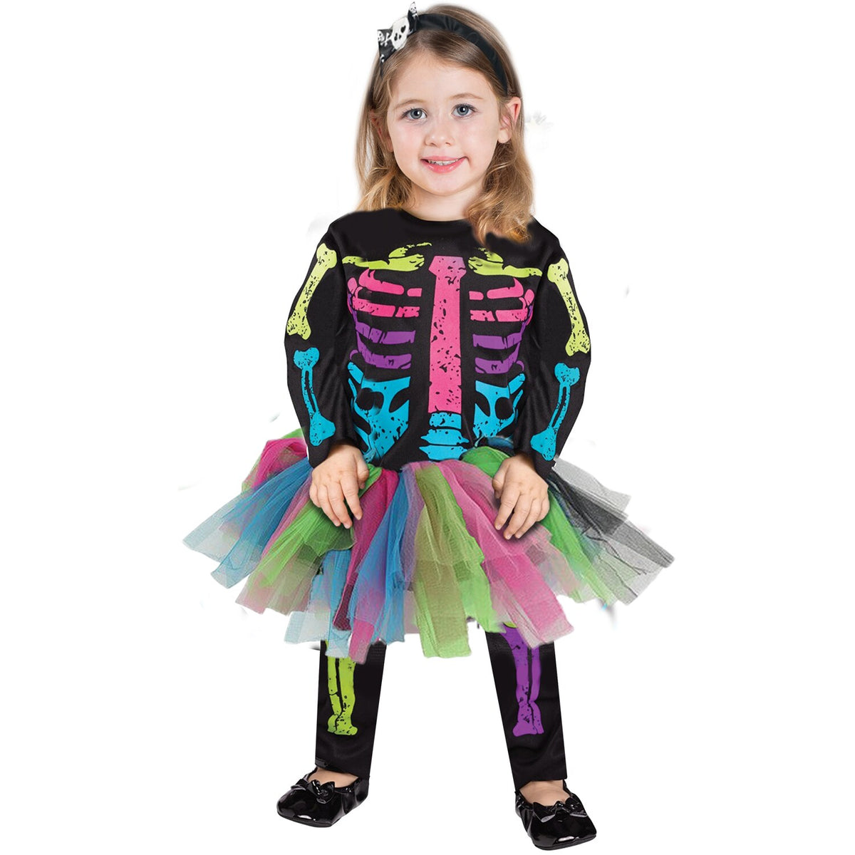 Model wearing Lola Stars toddler skeleton costume: black rainbow-skeleton overall and skull headband