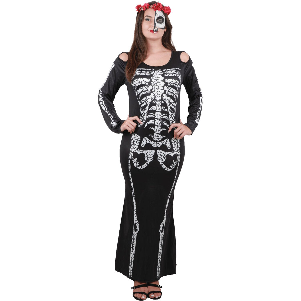 Model wearing Lola Stars women's skeleton costume: black cold-shoulder maxi dress with skeleton print and rose headband