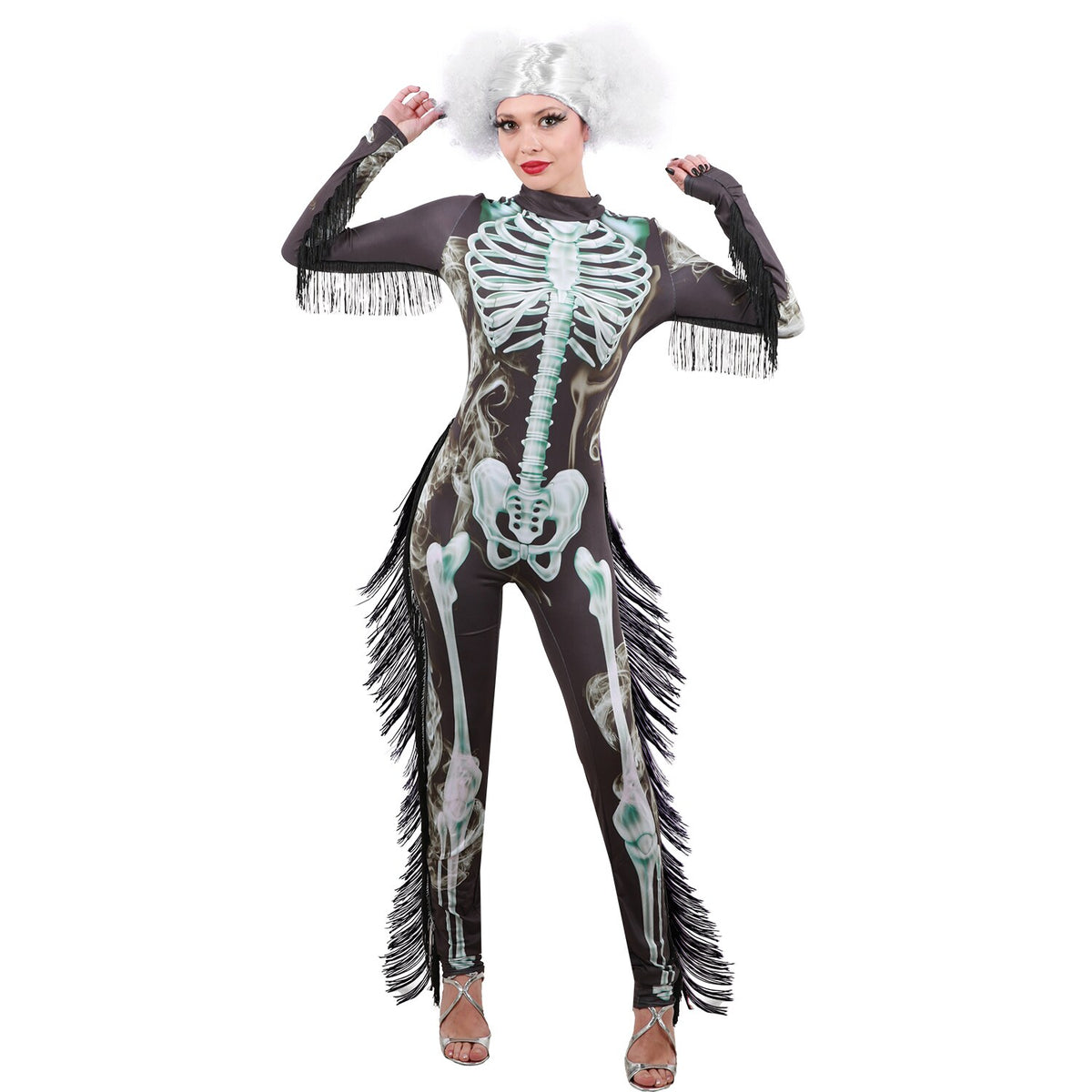 Model wearing Lola Stars women's skeleton costume: black jumpsuit with glowing skeleton print and long black fringe