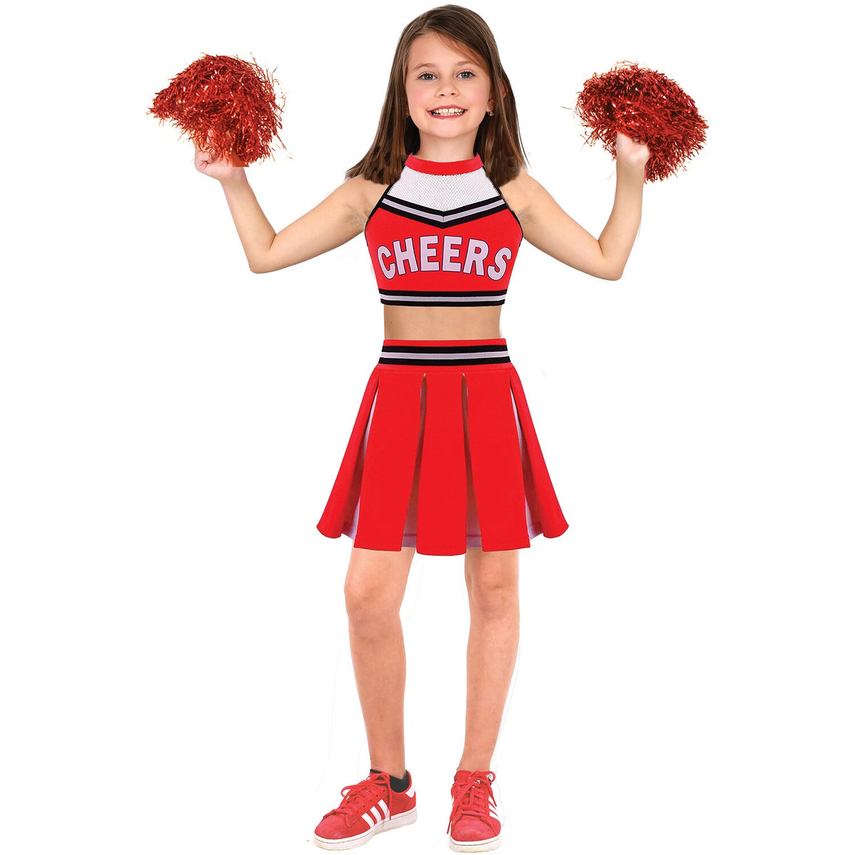 Model wearing Lola Stars girls' cheerleader costume: red CHEERS top, red pleated skirt and sparkly red pom-poms