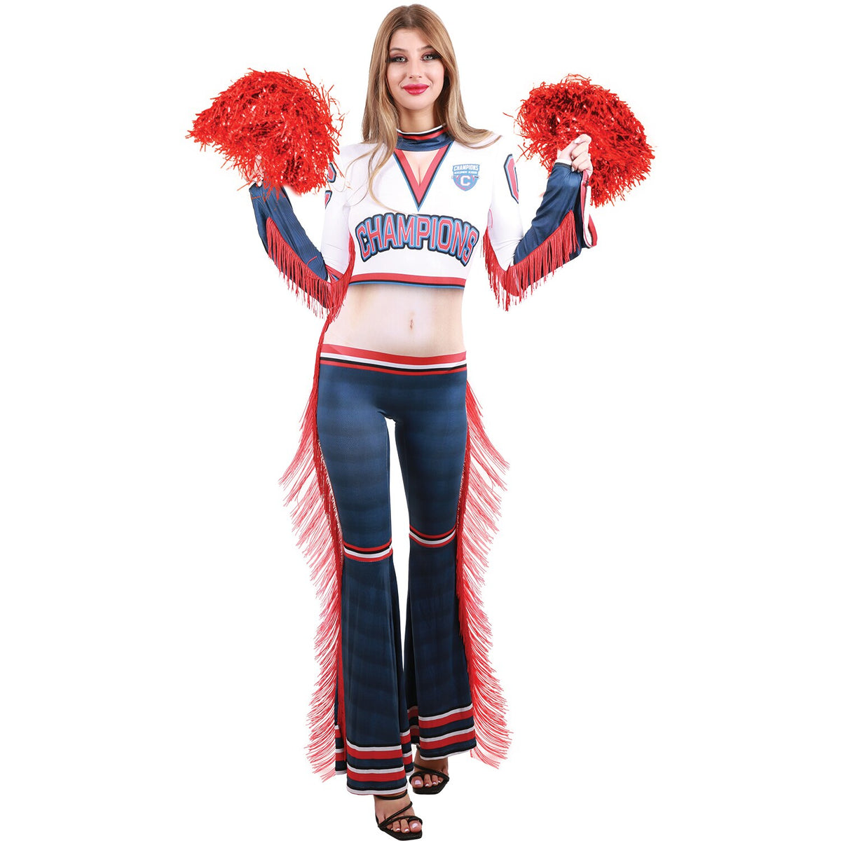 Model wearing Lola Stars women's cheerleader costume: printed jumpsuit with CHAMPIONS top, red fringe and red pom-poms