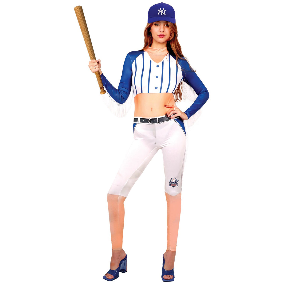 Model wearing Lola Stars women's baseball costume: pinstripe jersey-look jumpsuit with blue sleeves and blue baseball cap