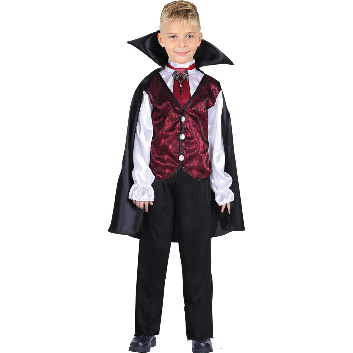 Model wearing Lola Stars boys' vampire costume: white ruffled shirt with crimson front, black pants and black cape