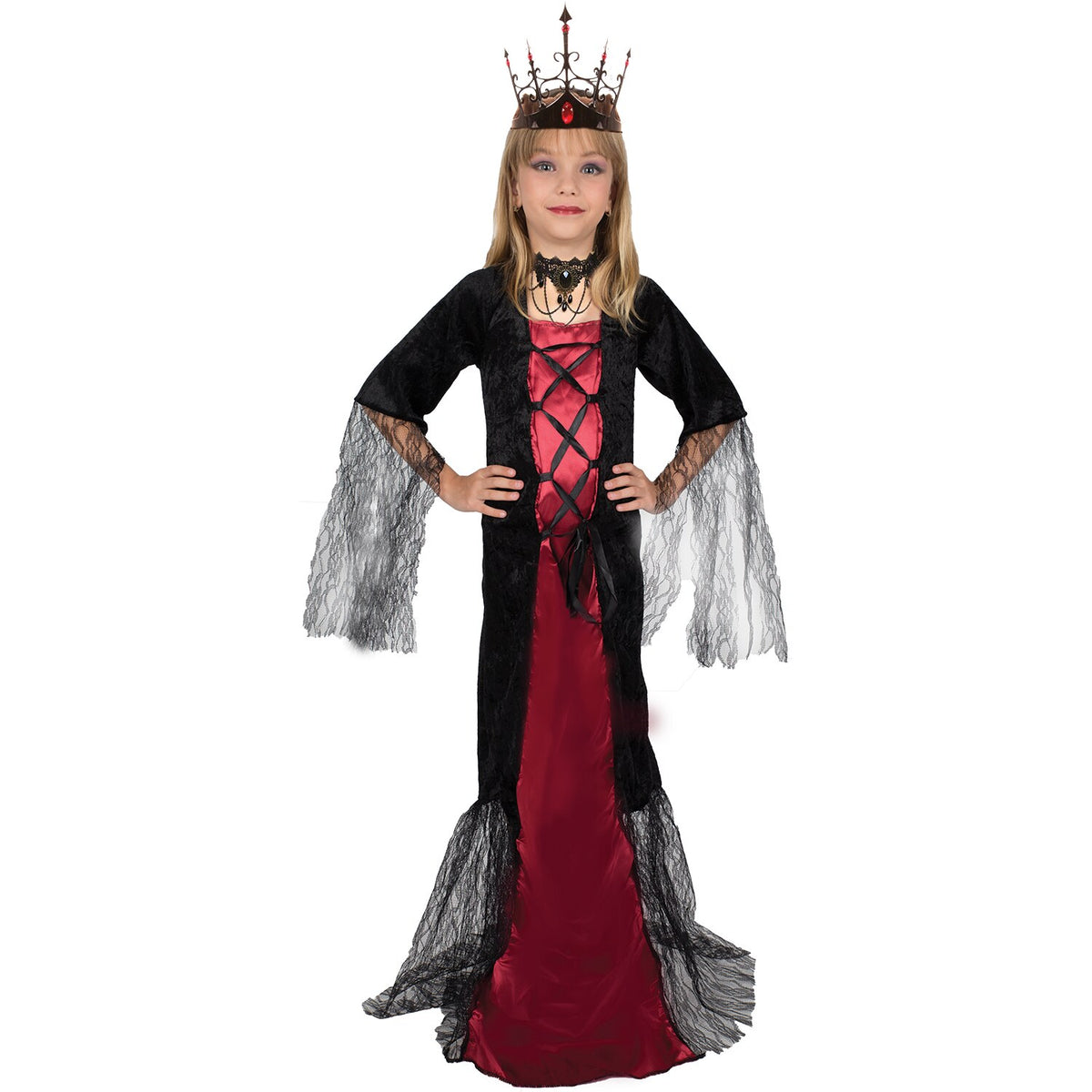 Model wearing Lola Stars girls' vampire costume: black and red gown with lace sleeves and a dark pointed crown