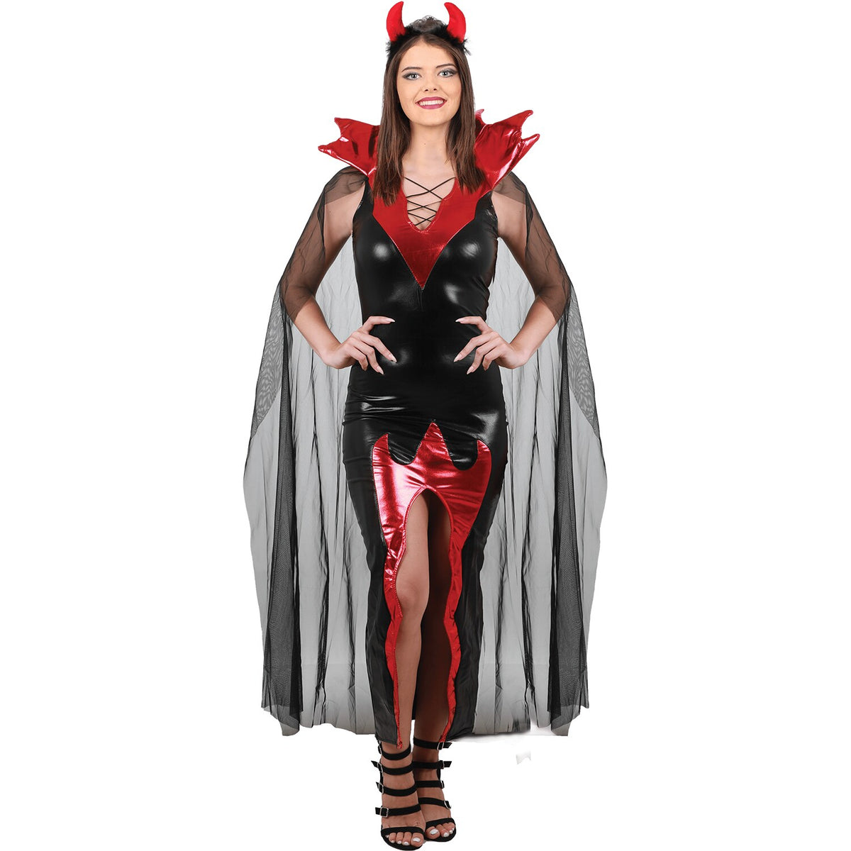 Model wearing Lola Stars women's devil costume: black and red flame-hem gown and red horns headband