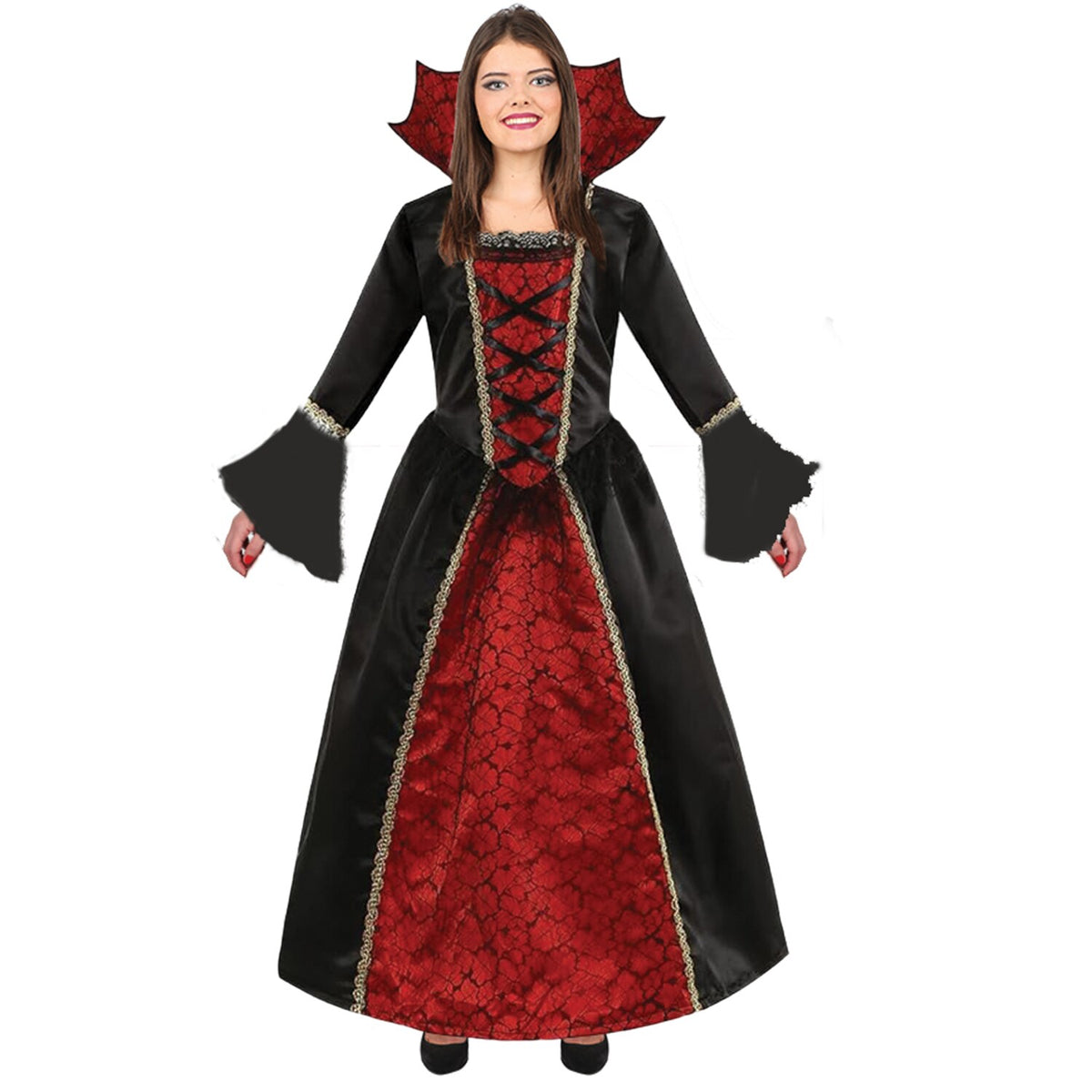 Model wearing Lola Stars women's vampire costume: black and crimson gown with laced bodice, bell sleeves and high collar