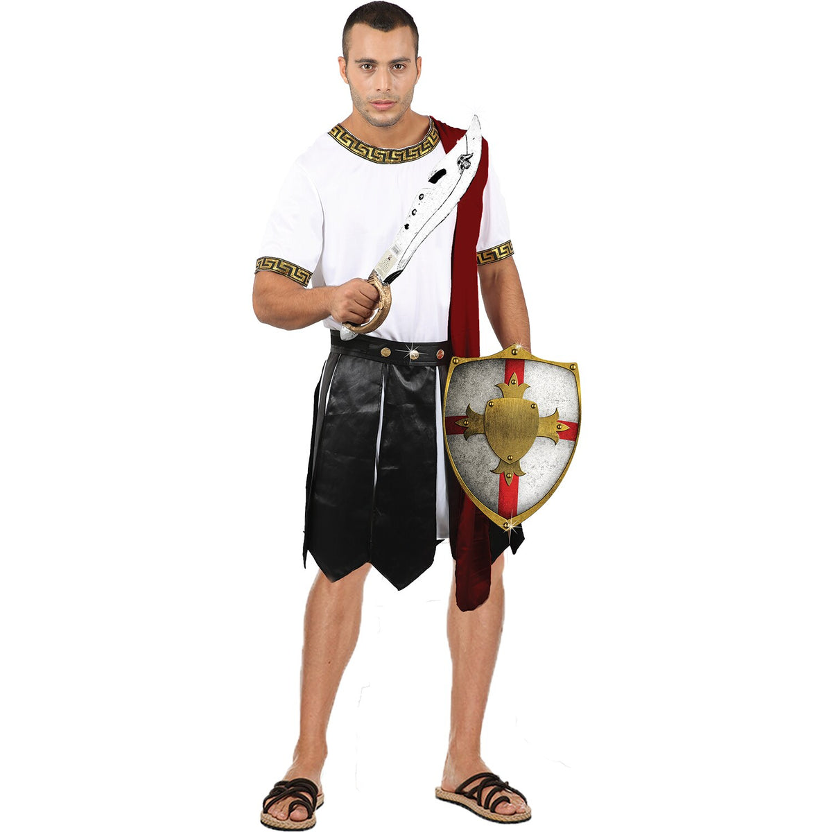 Model wearing Lola Stars men's Roman centurion costume: white tunic with gold Greek-key trim and black paneled skirt