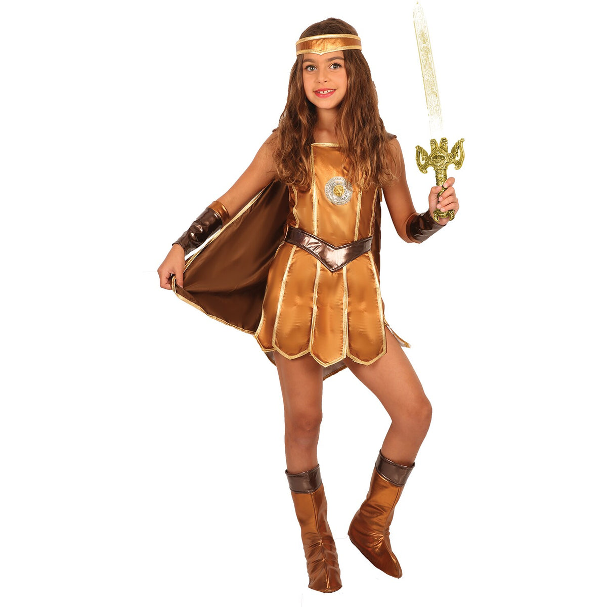 Model wearing Lola Stars girls' warrior costume: bronze-gold dress, brown cape, gold headband, armbands and boot covers