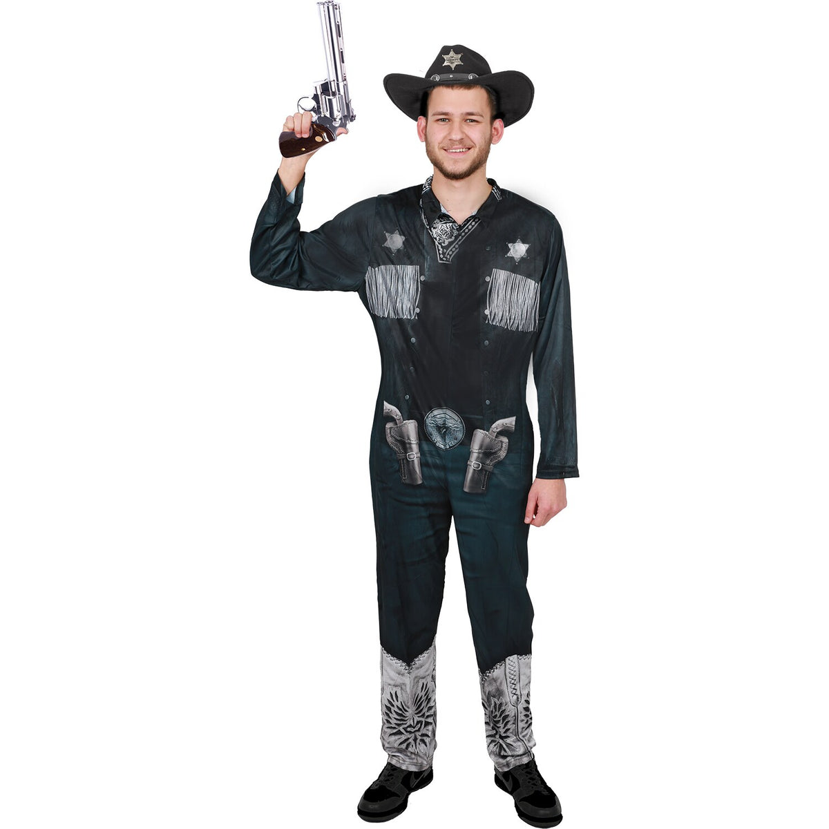 Model wearing Lola Stars men's sheriff costume: black printed jumpsuit with fringed shirt, sheriff stars and denim-look legs
