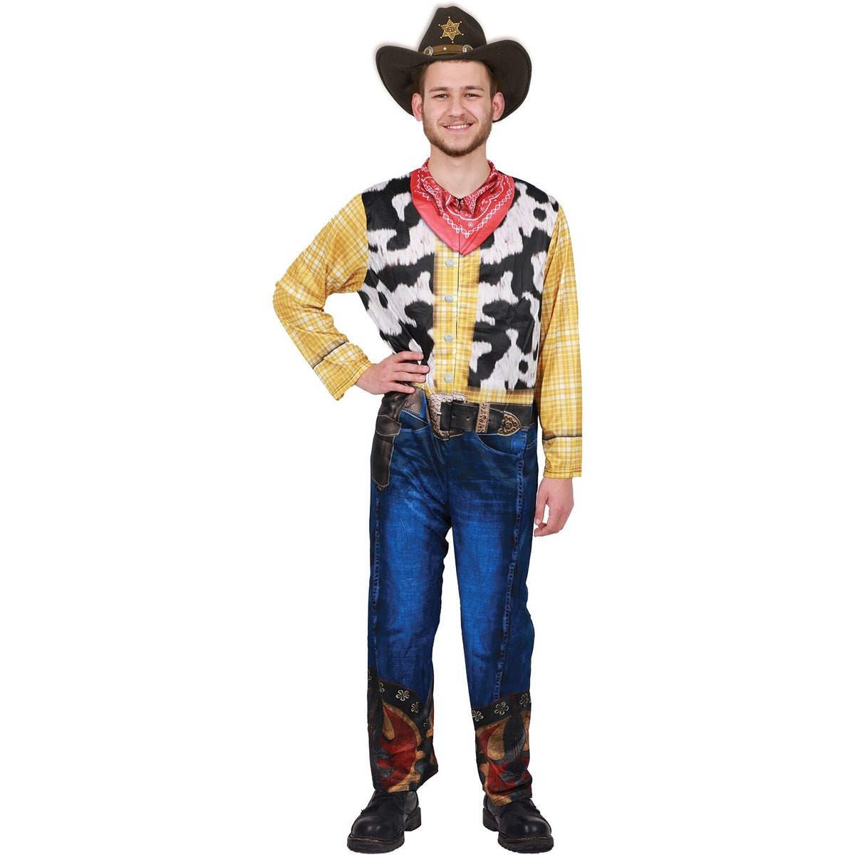Model wearing Lola Stars men's cowboy costume: printed jumpsuit with yellow plaid shirt, cow-print front and denim-look legs