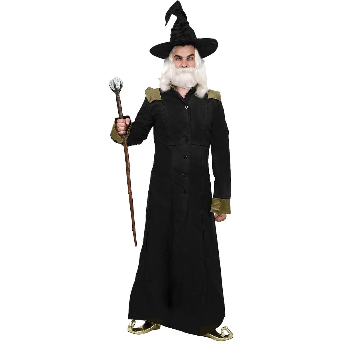 Model wearing Lola Stars men's wizard costume: long black robe with olive-gold shoulders and a tall pointed black hat