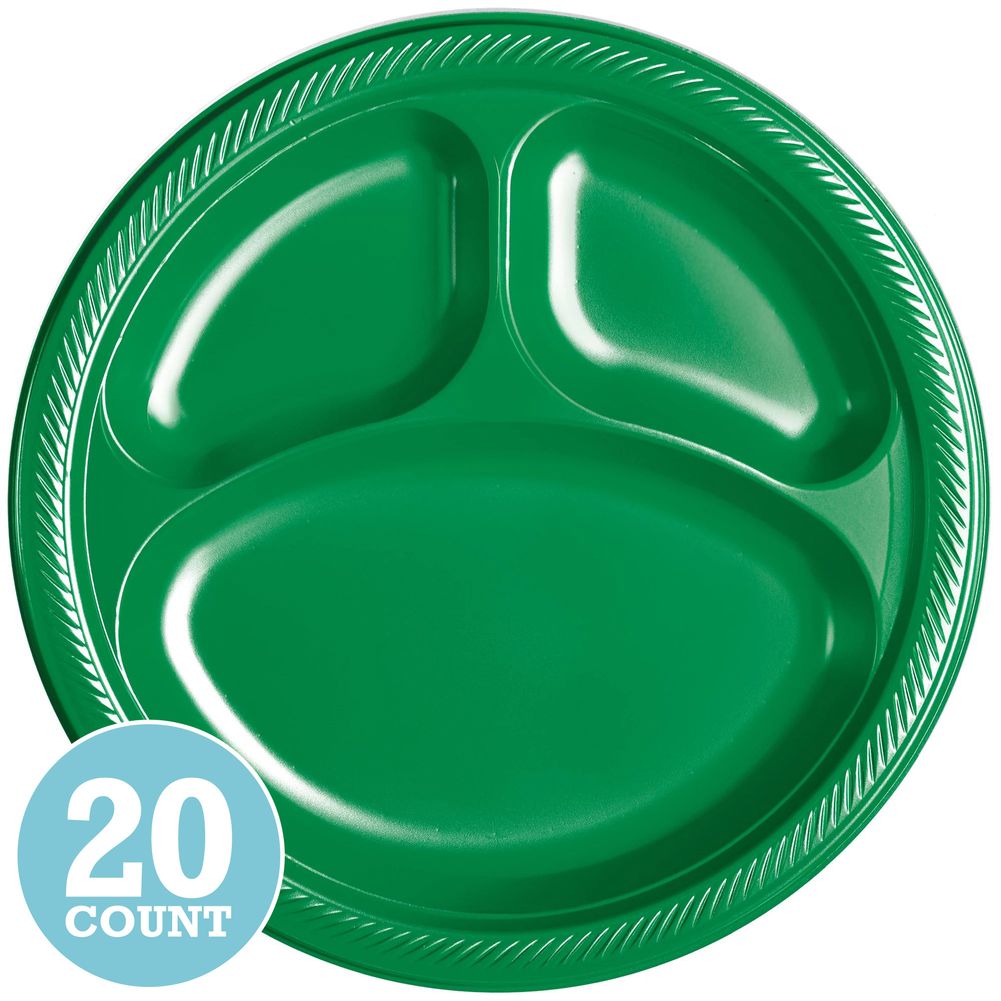 Festive Green Divided Plastic Banquet Plates (20ct)