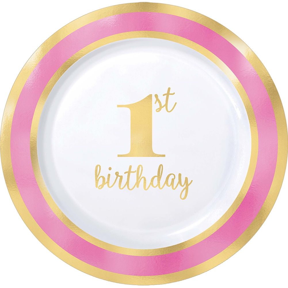 Hot Stamped Premium 1st Birthday Pink Plastic Dessert Plates (10 ct)