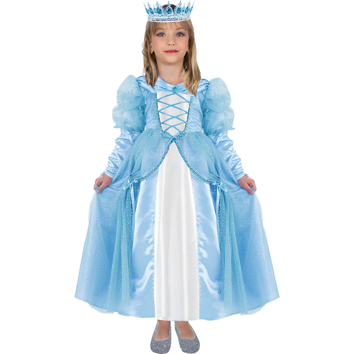 Model wearing Lola Stars girls' princess costume: ice-blue gown with lace-up bodice, puffed sleeves and a crown