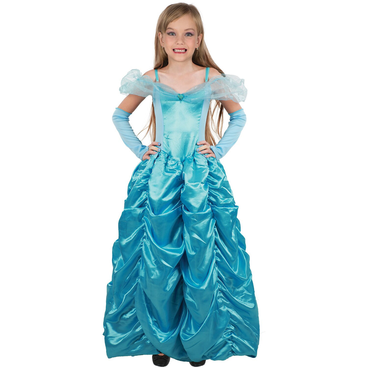 Model wearing Lola Stars girls' princess costume: aqua-blue ball gown with sheer ruffled sleeves and long aqua gloves