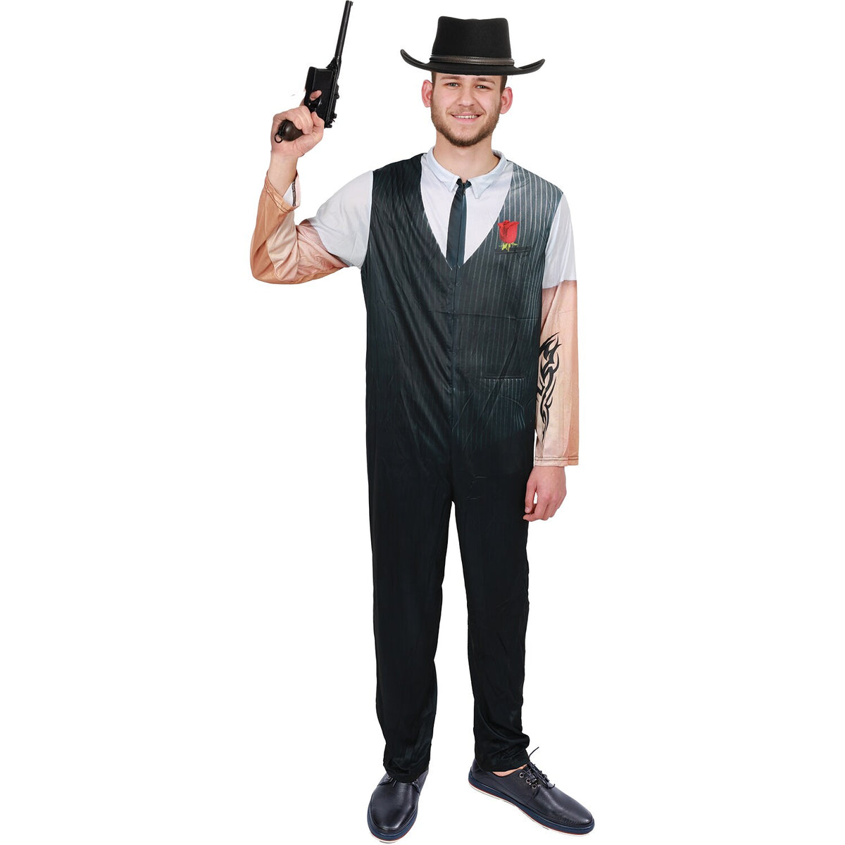 Model wearing Lola Stars men's 1920s gangster costume: pinstripe-look jumpsuit with printed shirt front and red rose