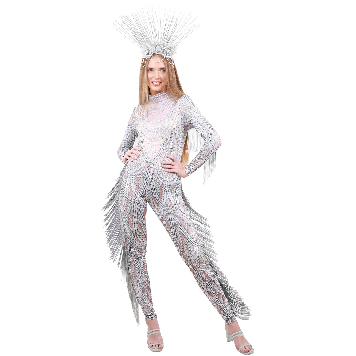 Model wearing Lola Stars women's 20s flapper costume: silver beaded-look jumpsuit with long fringe on arms and legs