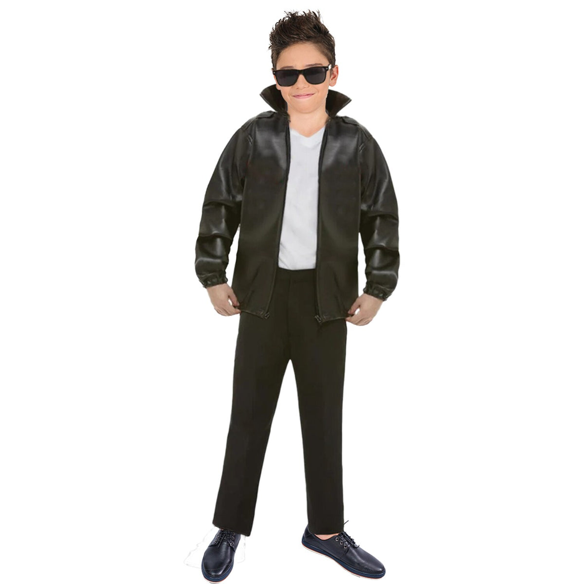 Model wearing Lola Stars boys' 50s rebel costume: glossy black jacket and dark sunglasses