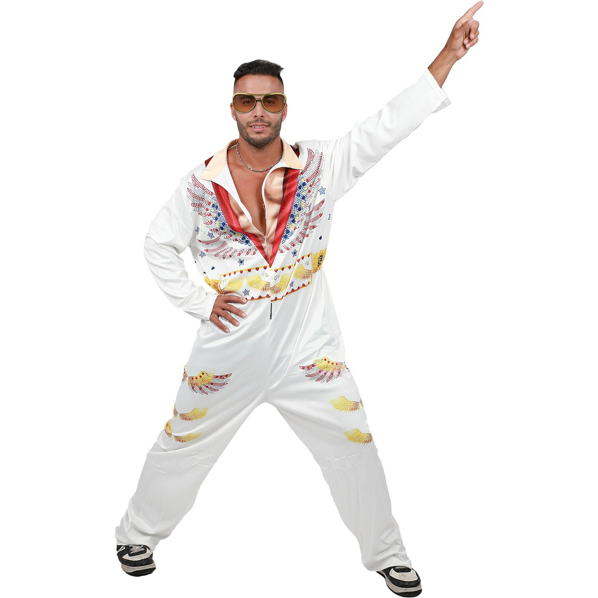 Model wearing Lola Stars men's rock-and-roll costume: white flared jumpsuit with red, gold and blue embellished print