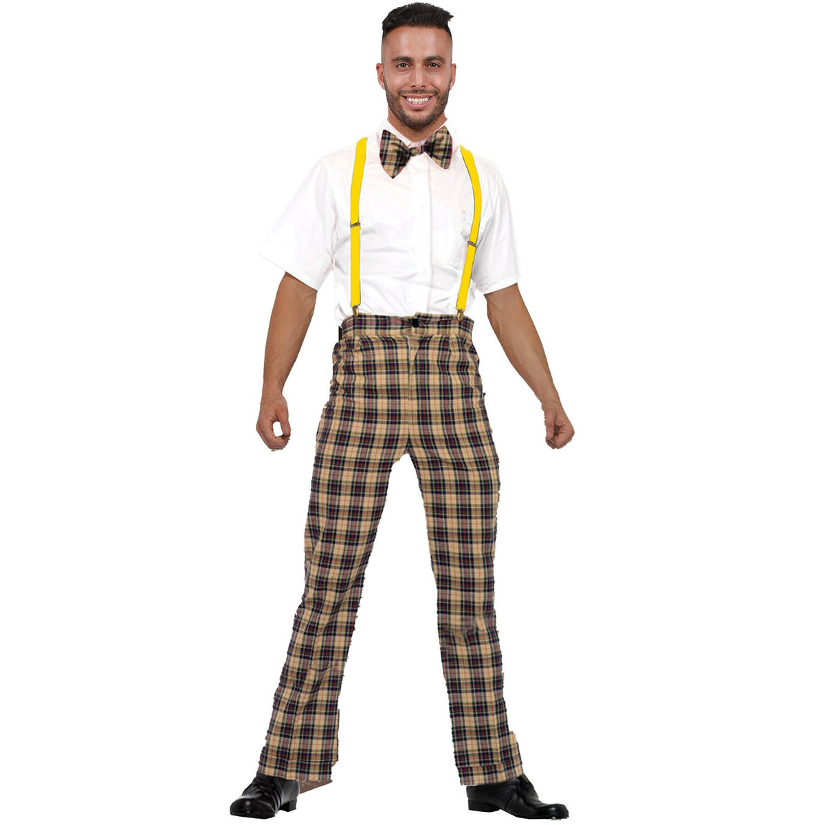Model wearing Lola Stars men's nerd costume: white short-sleeve shirt, high-waisted plaid pants and plaid tie