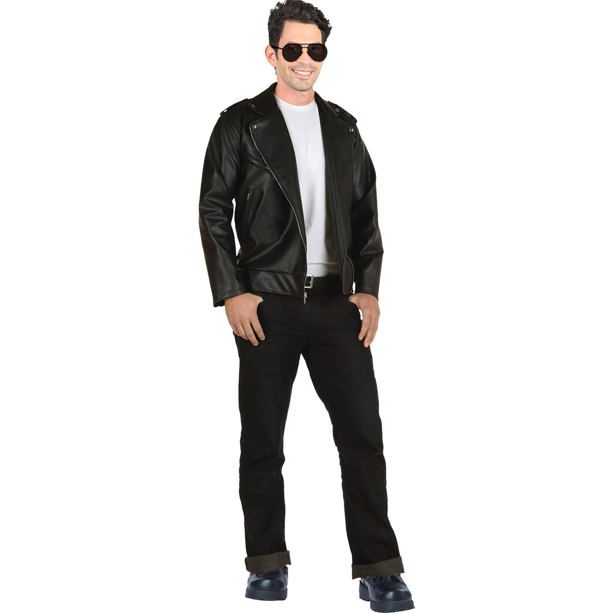 Model wearing Lola Stars men's 50s greaser costume: black biker-style jacket and aviator-style sunglasses