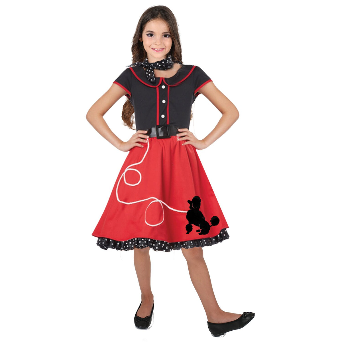 Model wearing Lola Stars girls' 50s costume: red poodle skirt dress with black top, black belt and polka-dot scarf