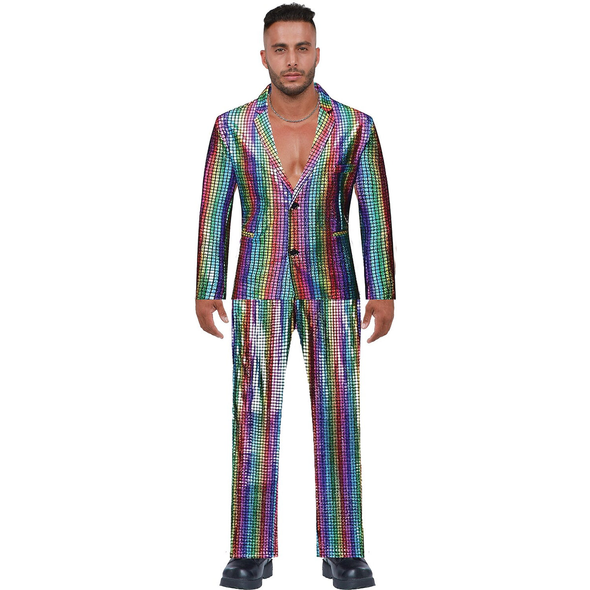 Model wearing Lola Stars men's disco costume: shimmering rainbow-striped jacket with wide lapels and matching flared pants