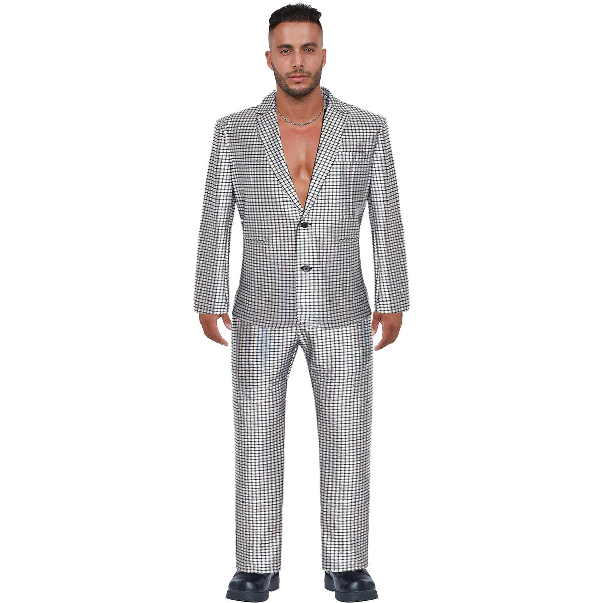 Model wearing Lola Stars men's disco costume: shimmering silver mirrored-check jacket and matching pants