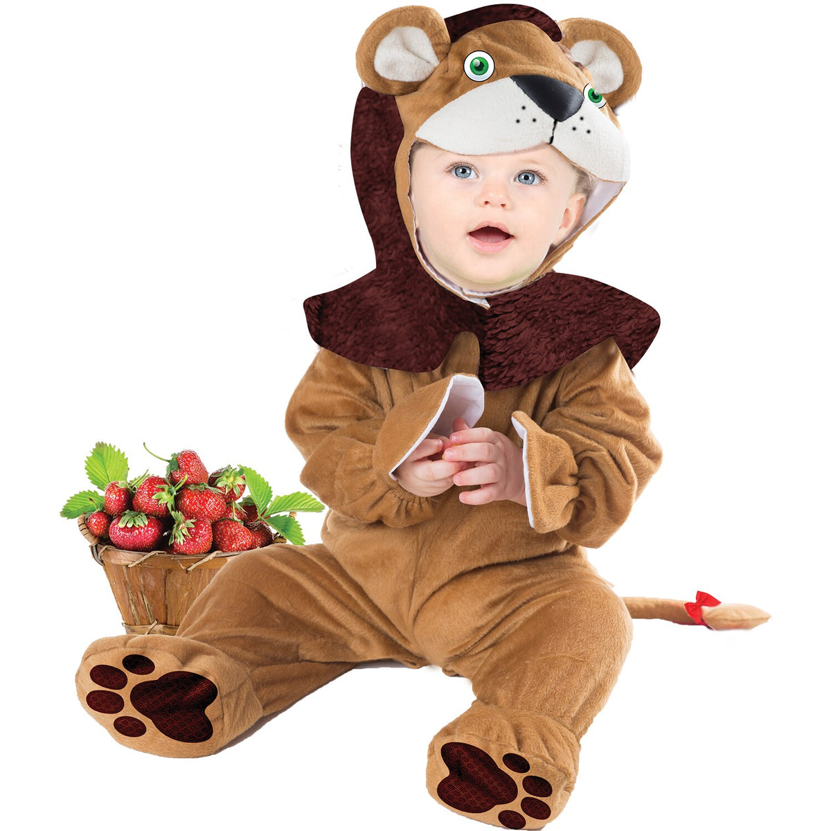 Model wearing Lola Stars baby lion costume: plush golden-brown jumper with paws and tail and lion hood with mane