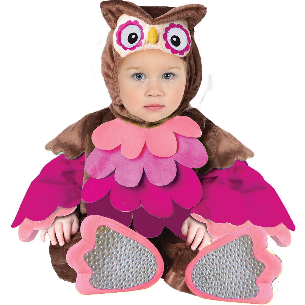 Model wearing Lola Stars baby owl costume: plush brown jumper with pink feathers and wings and owl hood with big eyes