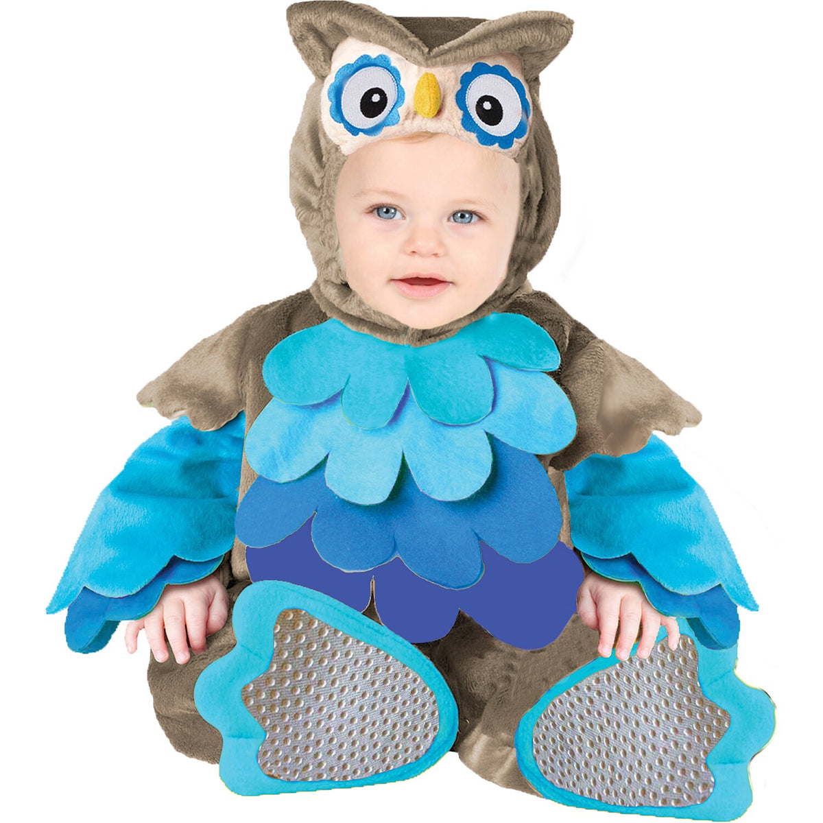 Model wearing Lola Stars baby owl costume: plush brown jumper with blue feathers and wings and owl hood with big eyes