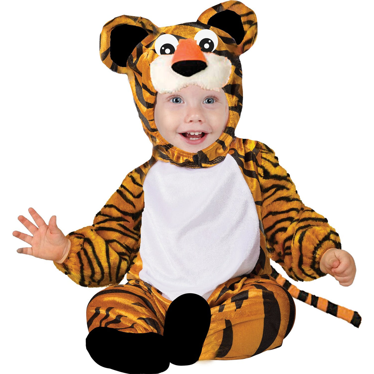Model wearing Lola Stars baby tiger costume: plush striped orange jumper with white tummy and tiger hood