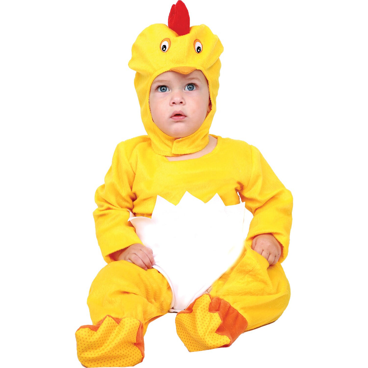Model wearing Lola Stars baby chick costume: yellow jumper with eggshell tummy, orange feet and chick hood with red comb