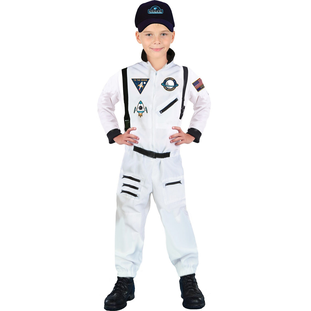 Model wearing Lola Stars boys' astronaut costume: white jumpsuit with black straps, stripes and mission patches