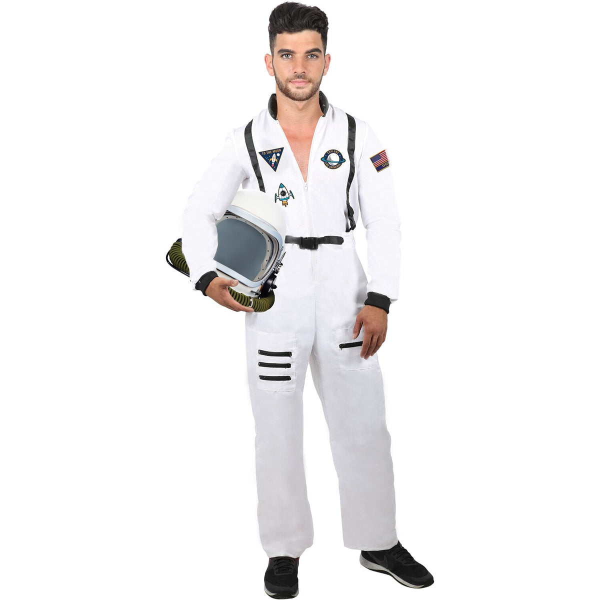 Model wearing Lola Stars men's astronaut costume: white jumpsuit with patches and black straps