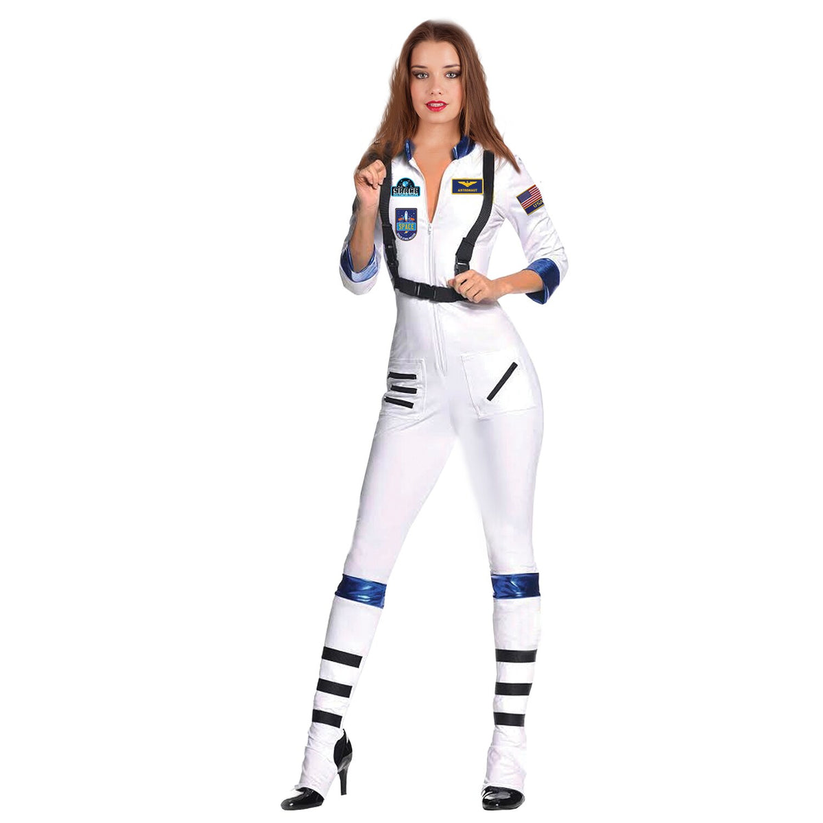 Model wearing Lola Stars women's astronaut costume: fitted white jumpsuit with patches, straps and striped lower legs