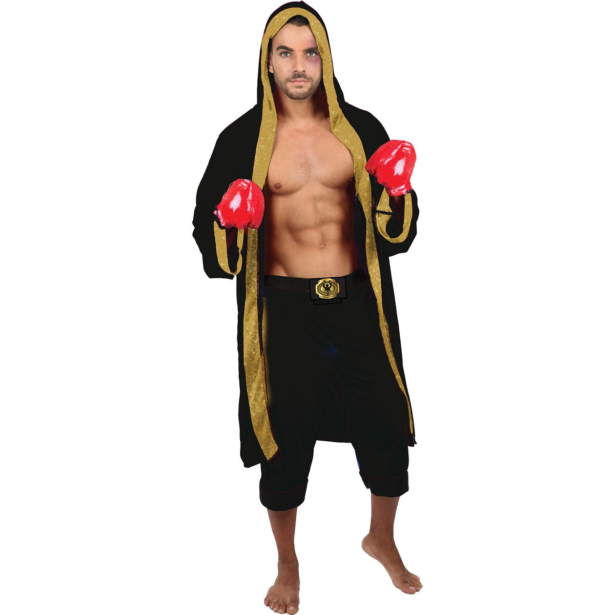 Model wearing Lola Stars men's boxer costume: black hooded cape with gold trim, black shorts and red boxing gloves