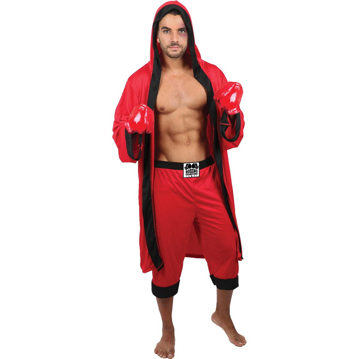 Model wearing Lola Stars men's boxer costume: red hooded cape with black trim, red boxing shorts and red gloves