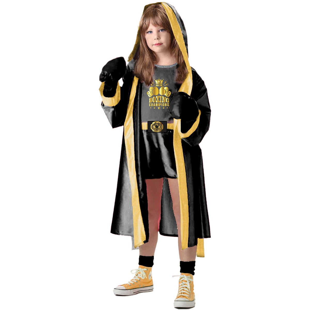 Model wearing Lola Stars girls' boxer costume: black hooded robe with gold trim, champion top, shorts and black gloves