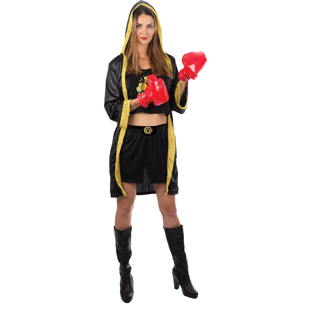 Model wearing Lola Stars women's boxer costume: black hooded cape with gold trim, black shirt and shorts, red gloves