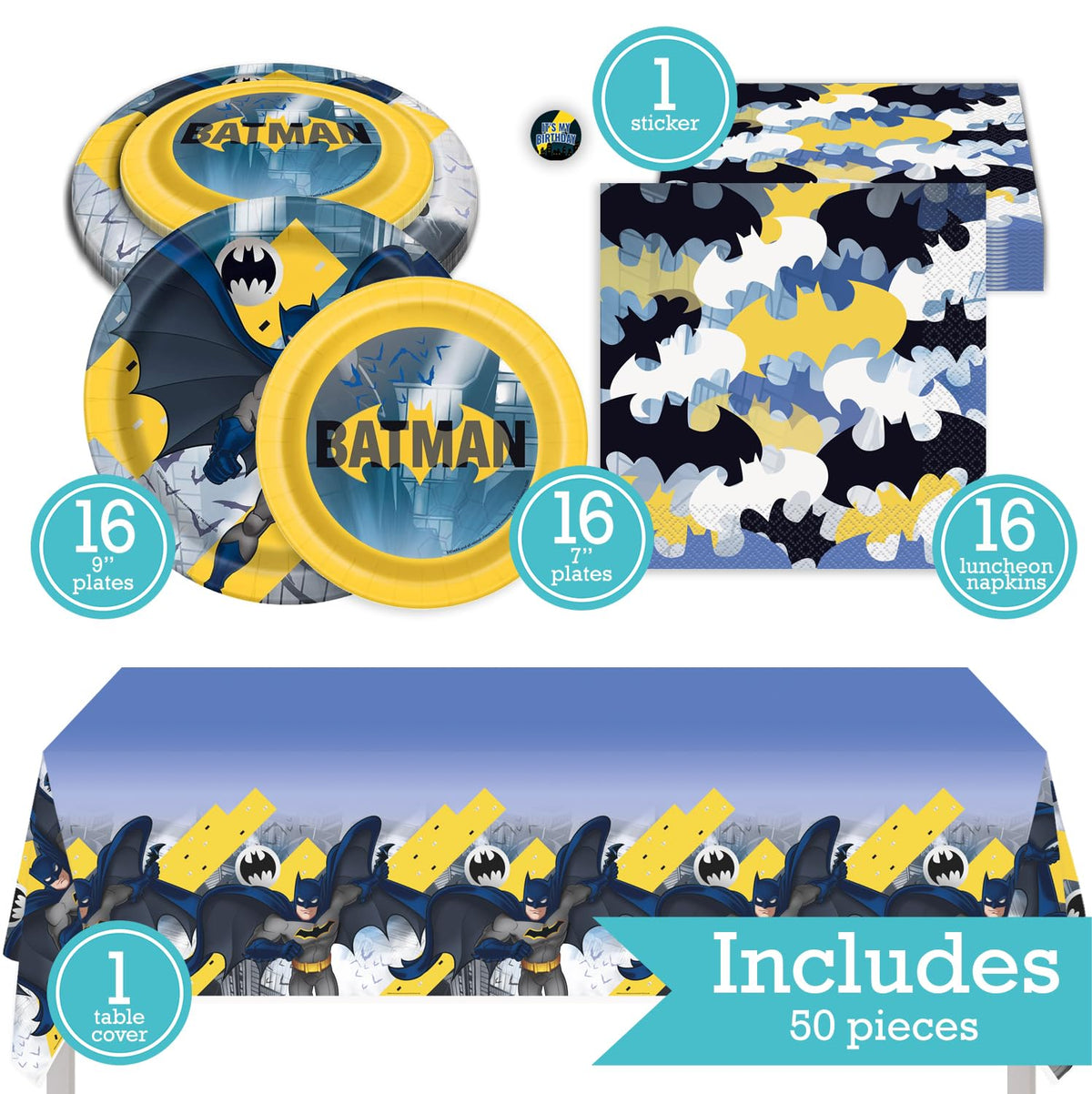 Batman Birthday Party Kit for 16 – 9 Inch Plates, 7 Inch Plates, Napkins and Table Cover (49 pc) – photo 2