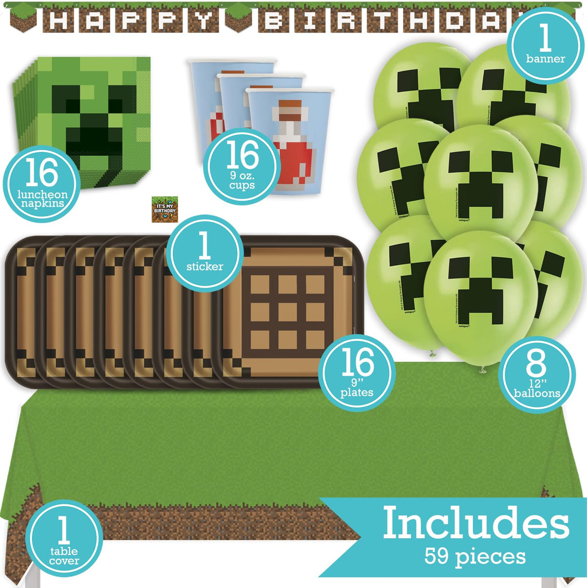 Minecraft Birthday Party Kit for 16 – 9 Inch Plates, Napkins, Table Cover, Cups, Banner and Balloons (58 pc) – photo 2