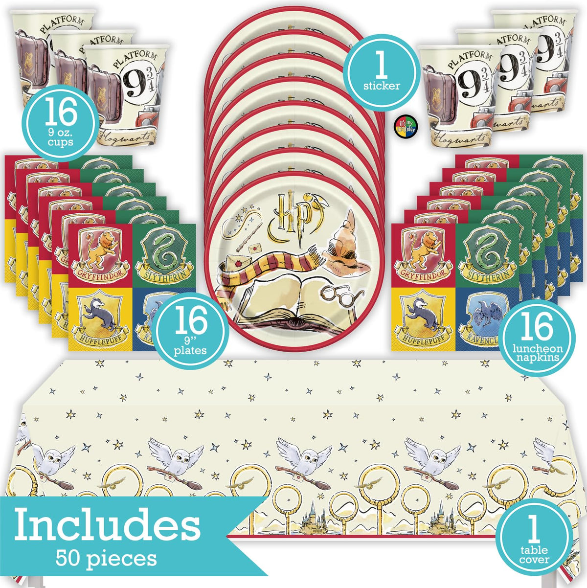 Harry Potter Birthday Party Kit for 16 – 9 Inch Plates, Napkins, Table Cover and Cups (49 pc) – photo 2