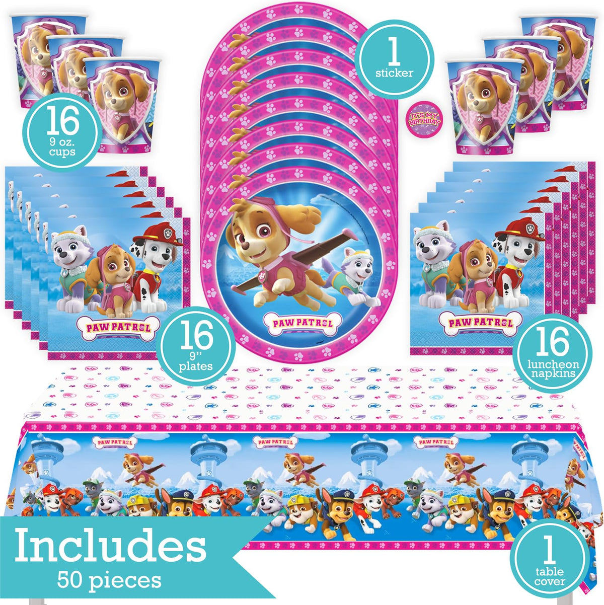 Paw Patrol Birthday Party Kit for 16 – 9 Inch Plates, Napkins, Table Cover and Cups (49 pc) – photo 2