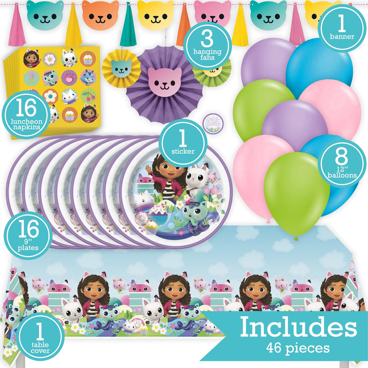 Gabby's Dollhouse Birthday Party Kit for 16 – 9 Inch Plates, Napkins, Table Cover, Banner, Balloons and Paper Fans (52 pc) – photo 2