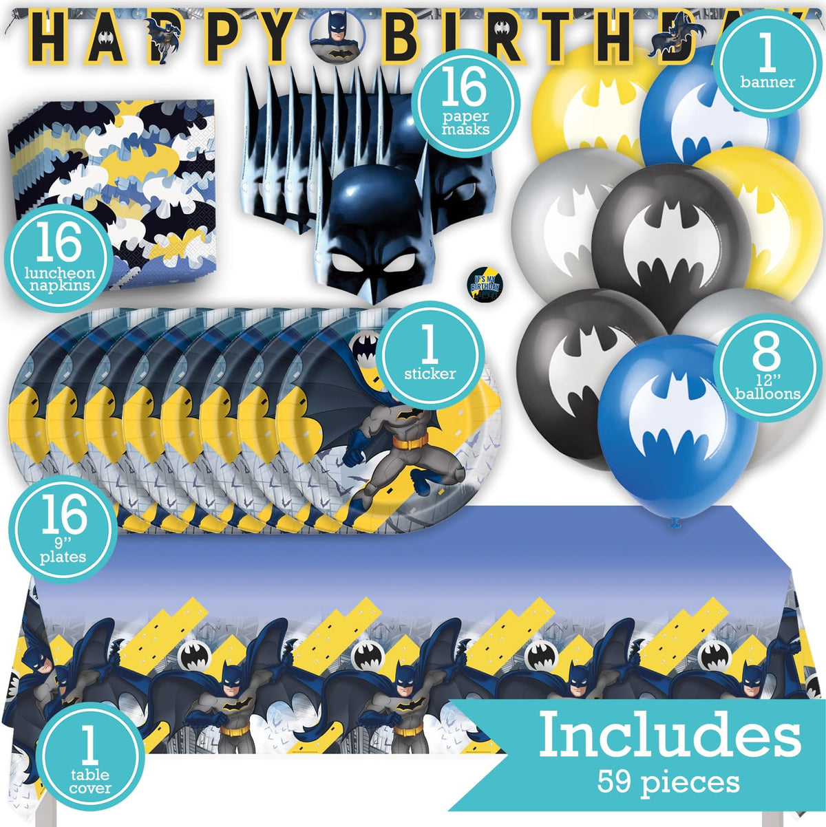 Batman Birthday Party Kit for 16 – 9 Inch Plates, Napkins, Table Cover, Banner, Balloons and Party Masks (58 pc) – photo 2