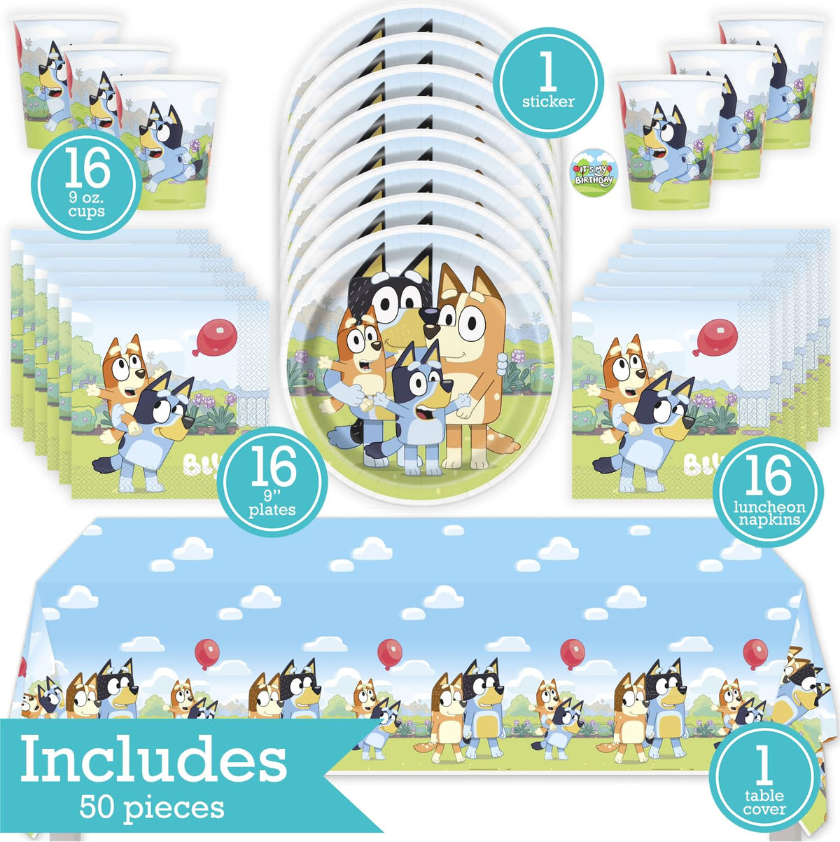 Bluey Birthday Party Kit for 16 – 9 Inch Plates, Napkins, Table Cover and Cups (49 pc) – photo 2
