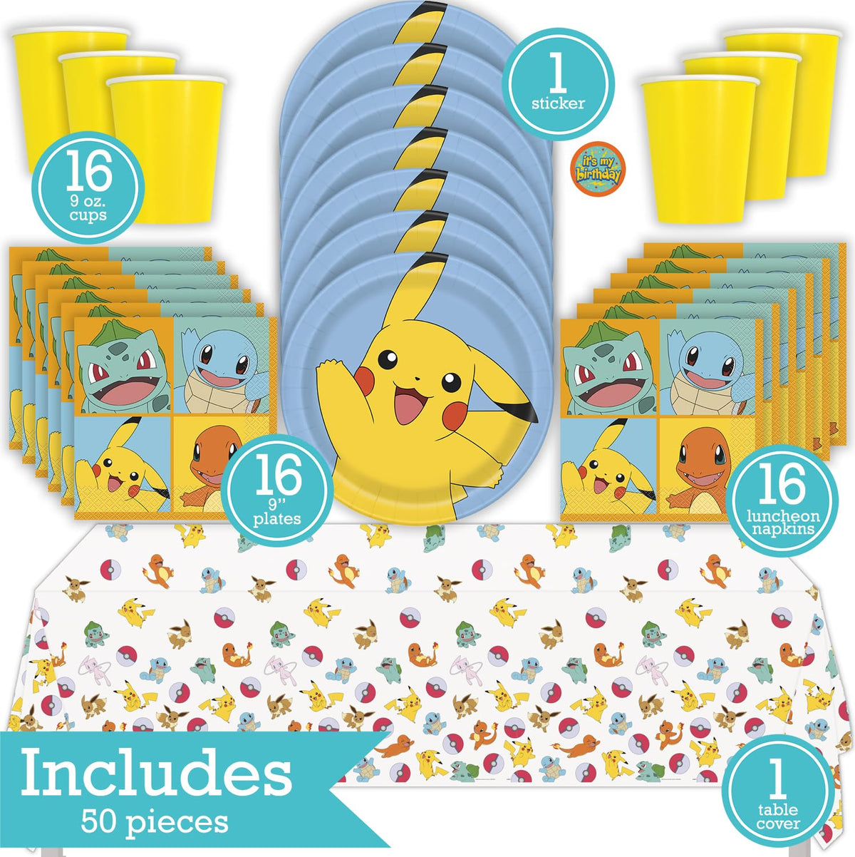 Pokémon Birthday Party Kit for 16 – 9 Inch Plates, Napkins, Table Cover and Cups (53 pc) – photo 2