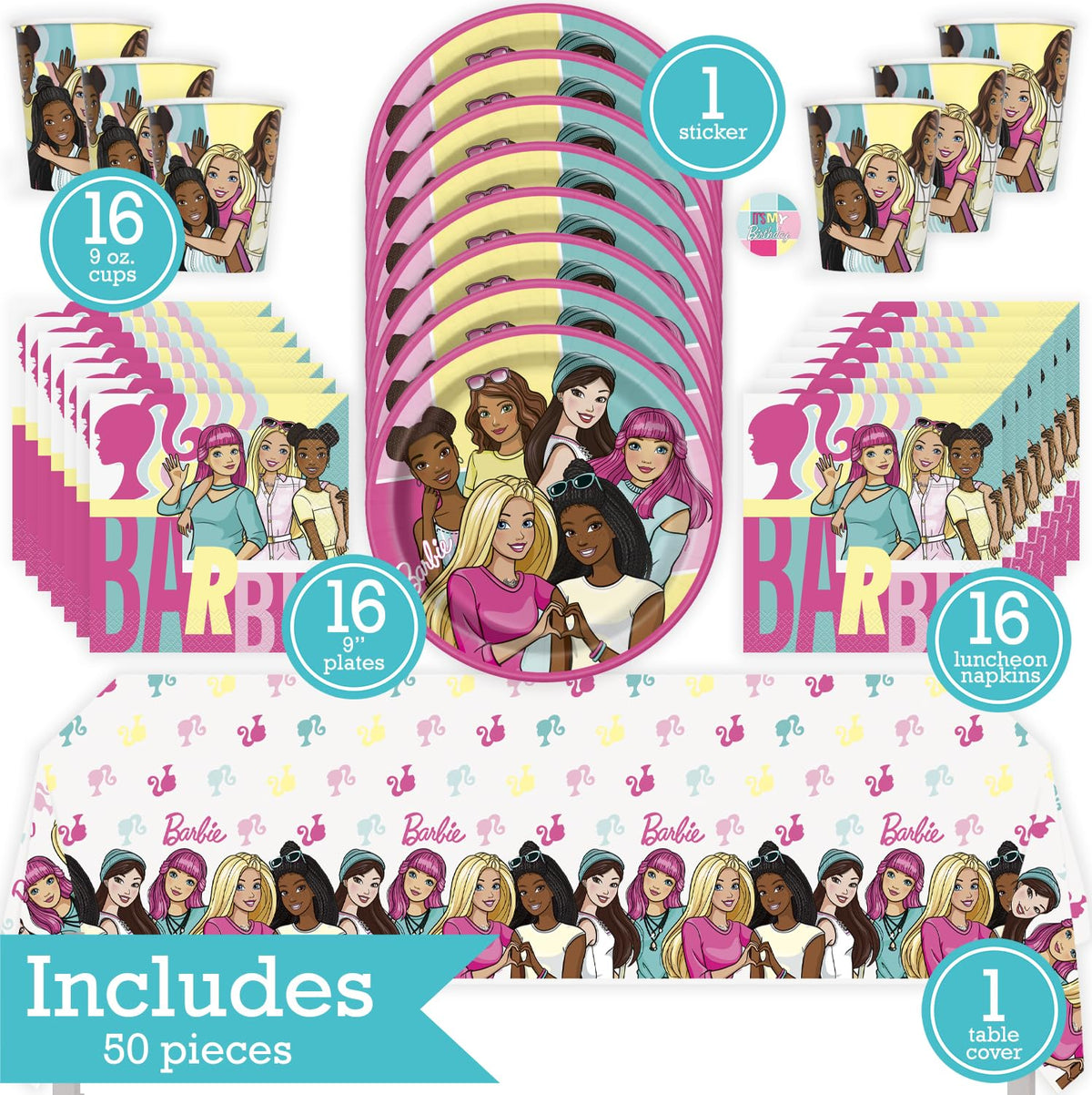 Barbie Birthday Party Kit for 16 – 9 Inch Plates, Napkins, Table Cover and Cups (49 pc) – photo 2