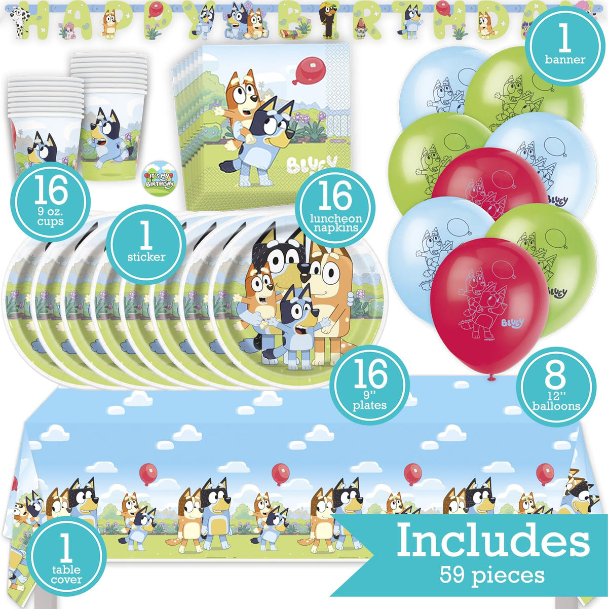 Bluey Birthday Party Kit for 16 – 9 Inch Plates, Napkins, Table Cover, Cups, Banner and Balloons (58 pc) – photo 2
